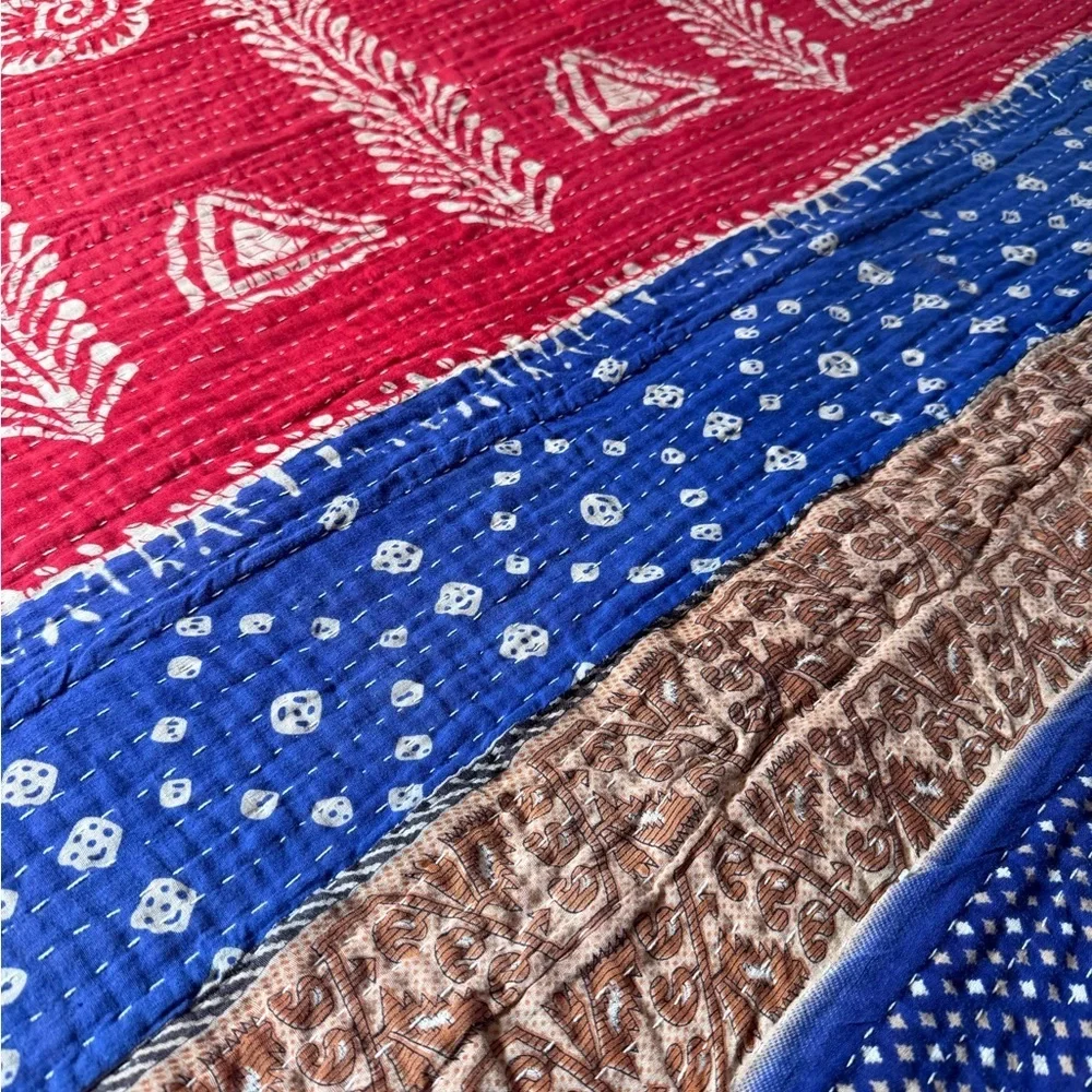 Vintage Kantha Quilt Twin Hand Stitched Sari Patchwork Boho Textile 52” x 80”